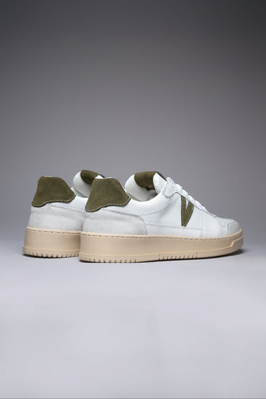 COLLEGE - White Sneakers with Military Green Suede Back and Insert