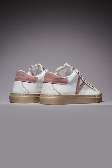 OLYMPIC - Sneakers a suola bassa in pelle Bianca con inserti Rosa Cipria e linguetta in tessuto V2
