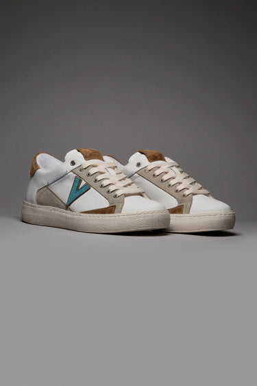 PABLITO - Sneakers con inserti in pelle Cuoio Sabbia e Azzurro e Ricami