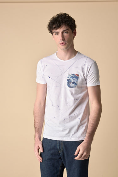 T-Shirt Bianca con Taschino in tessuto V2 e schizzi di vernice