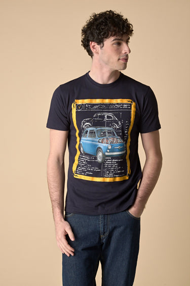 T-Shirt Blu stampa Macchina con inserto e interno collo in tessuto V2
