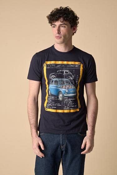 T-Shirt Blu stampa Macchina con inserto e interno collo in tessuto V2