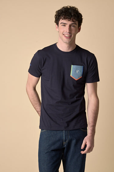 T-Shirt Blu con taschino in Jeans e ricami Fluo