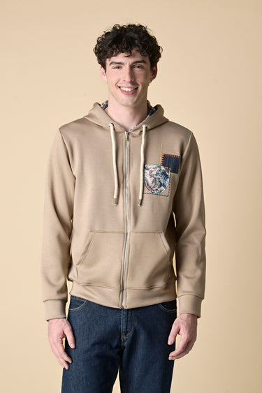 Sand Zip-Up Hoodie with Pocket and Fabric Patch V2