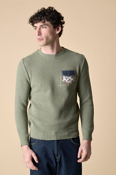 Maglioncino Occhio di Pernice Pesto con taschino ricamato in tessuto V2