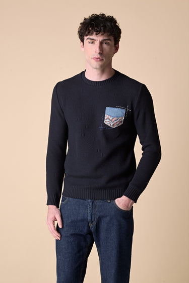 Maglioncino Occhio di Pernice Blu con taschino ricamato in tessuto V2