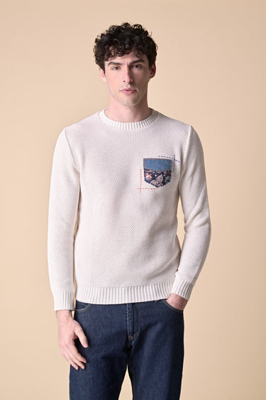Occhio di Pernice Cream Sweater with Embroidered Pocket in V2 Fabric
