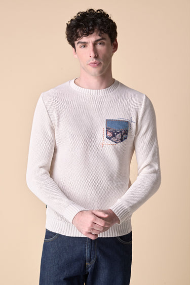 Occhio di Pernice Cream Sweater with Embroidered Pocket in V2 Fabric