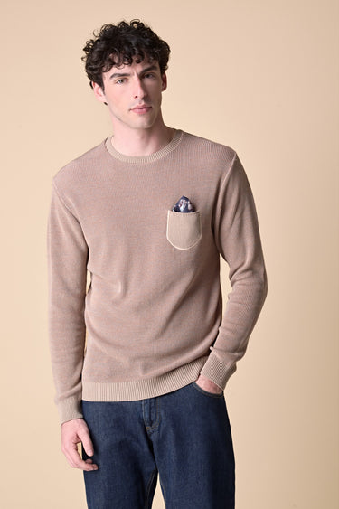 Sand vanisé sweater with pocket and V2 fabric clutch