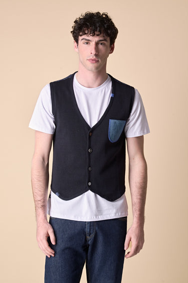 Premium Blue Single-Breasted Vest with Embroidered Pocket and V2 Fabric Back