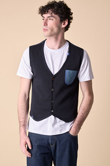 Premium Blue Single-Breasted Vest with Embroidered Pocket and V2 Fabric Back