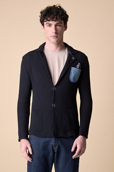 Giacca Monopetto Premium Occhio di Pernice Blu con pochette in tessuto V2