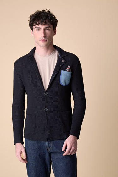 Giacca Monopetto Premium Occhio di Pernice Blu con pochette in tessuto V2