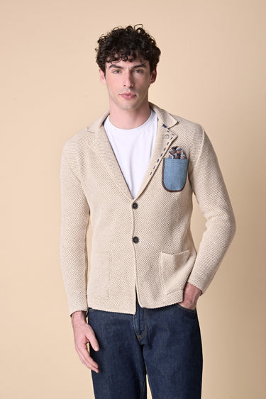 Giacca Monopetto Premium Occhio di Pernice Sabbia con pochette in tessuto V2