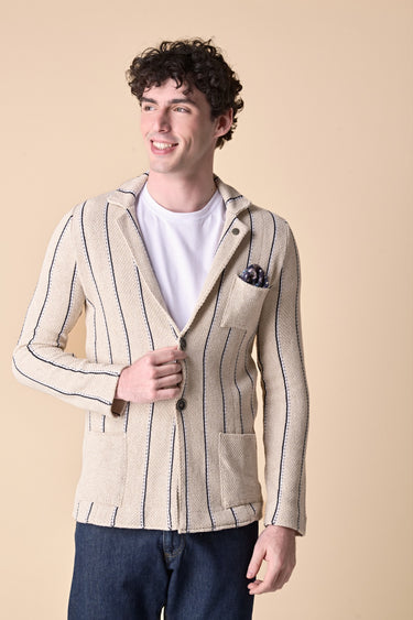 Sand striped single-breasted jacket with V2 fabric pocket square
