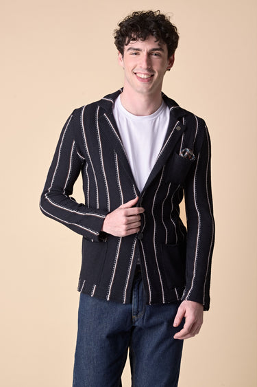 Giacca Monopetto rigata Blu con pochette in tessuto V2