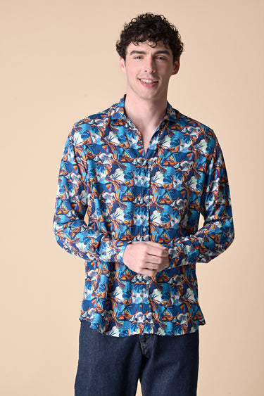 Camicia Stampa All-Over Tropical Blu