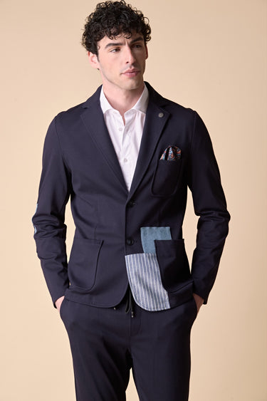 Tailored Jacket in Blue Jersey with Patchwork in V2 Fabric