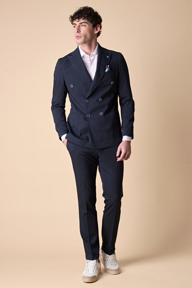 Giacca Doppiopetto alta sartoria Blu con interni e pochette in tessuto V2