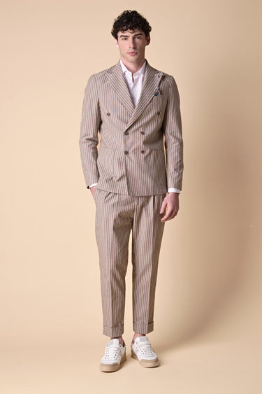 High-end tailoring double-breasted jacket in dark brown pinstripe with V2 fabric lining and pocket square