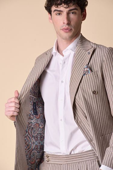 High-end tailoring double-breasted jacket in dark brown pinstripe with V2 fabric lining and pocket square