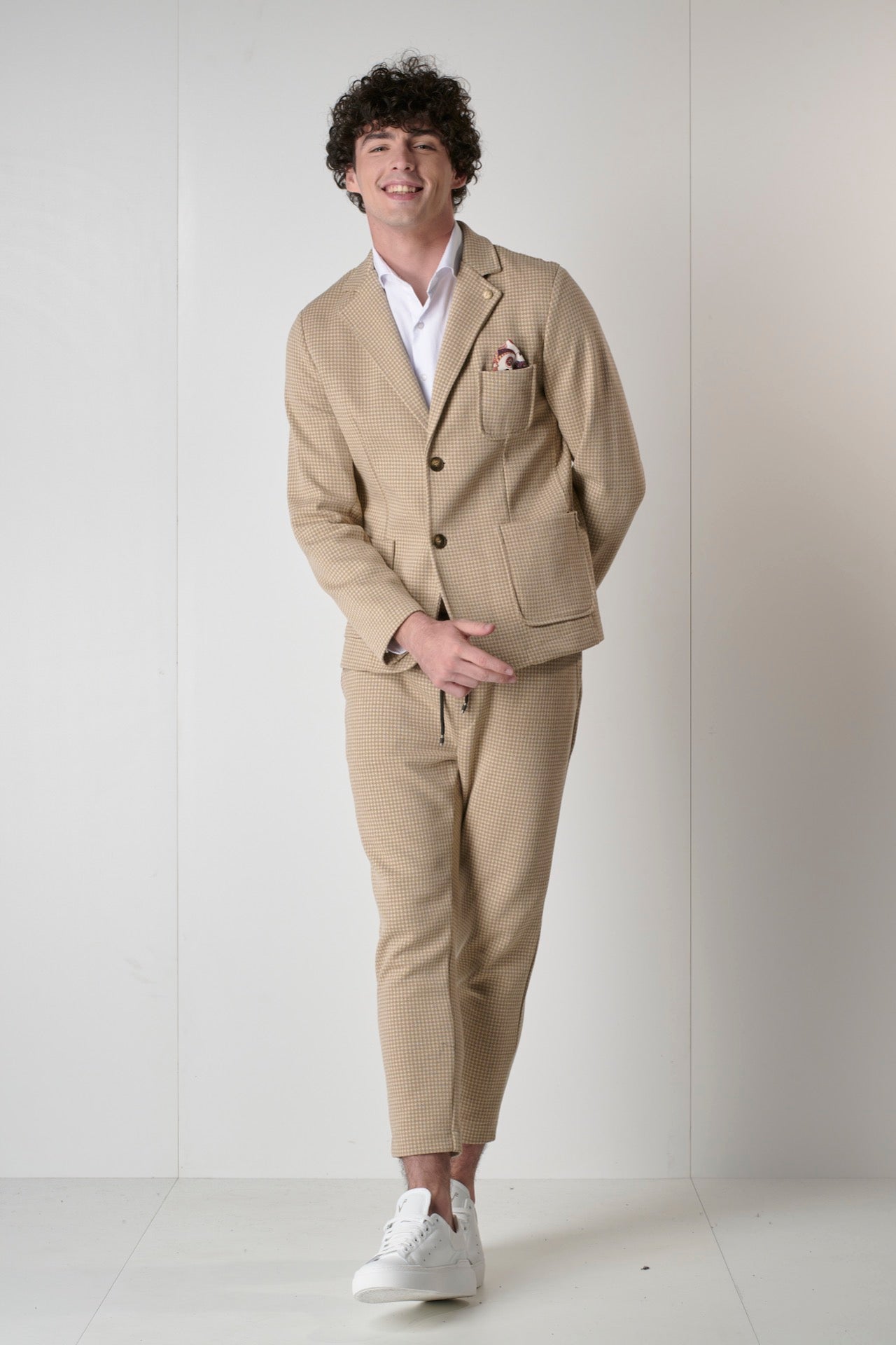 Cream and Camel Houndstooth Tailored Suit