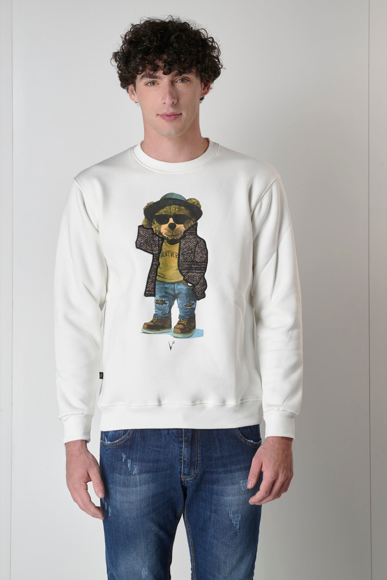 Cream sweatshirt with Teddy print and Prince of Wales fabric insert