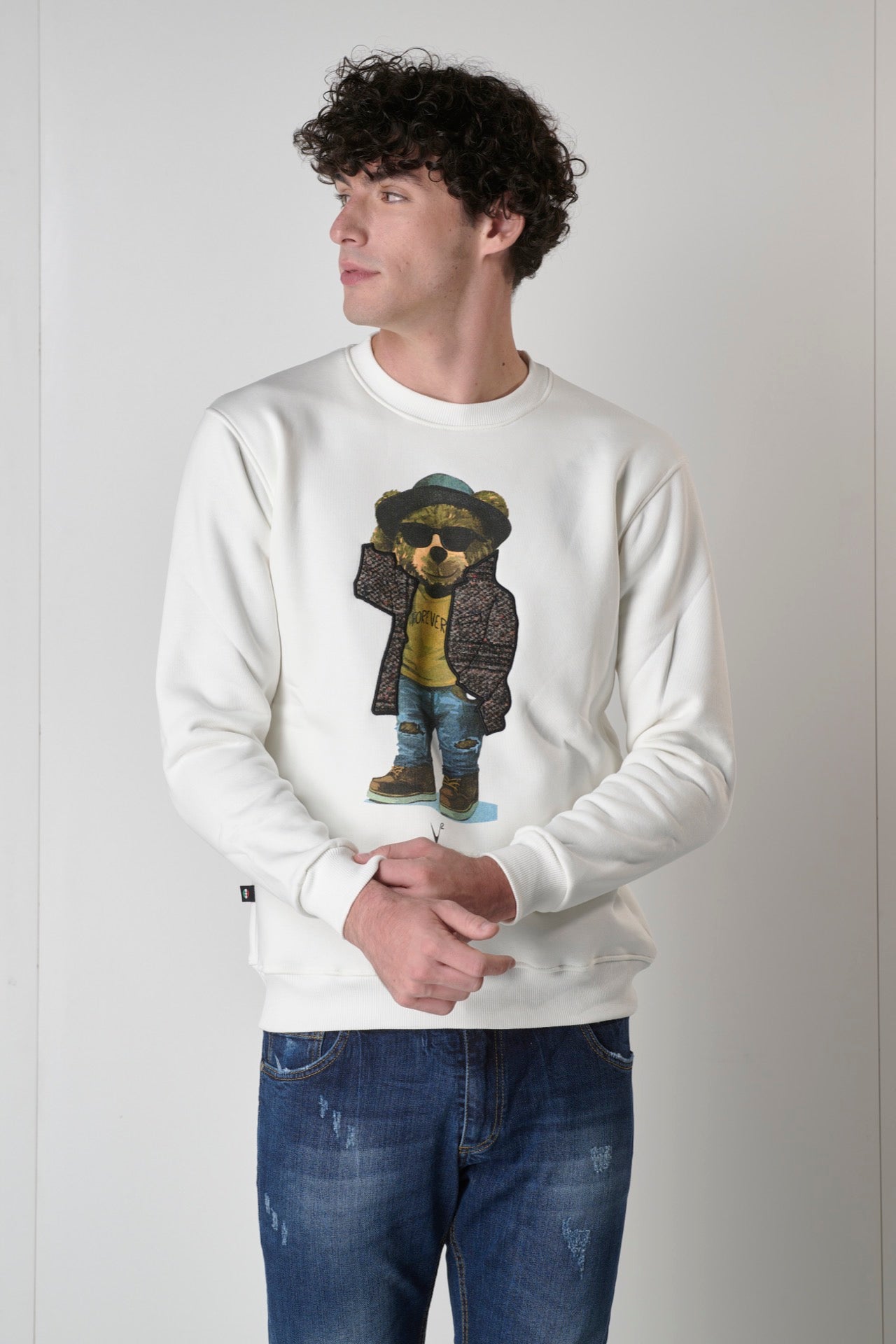 Cream sweatshirt with Teddy print and Prince of Wales fabric insert