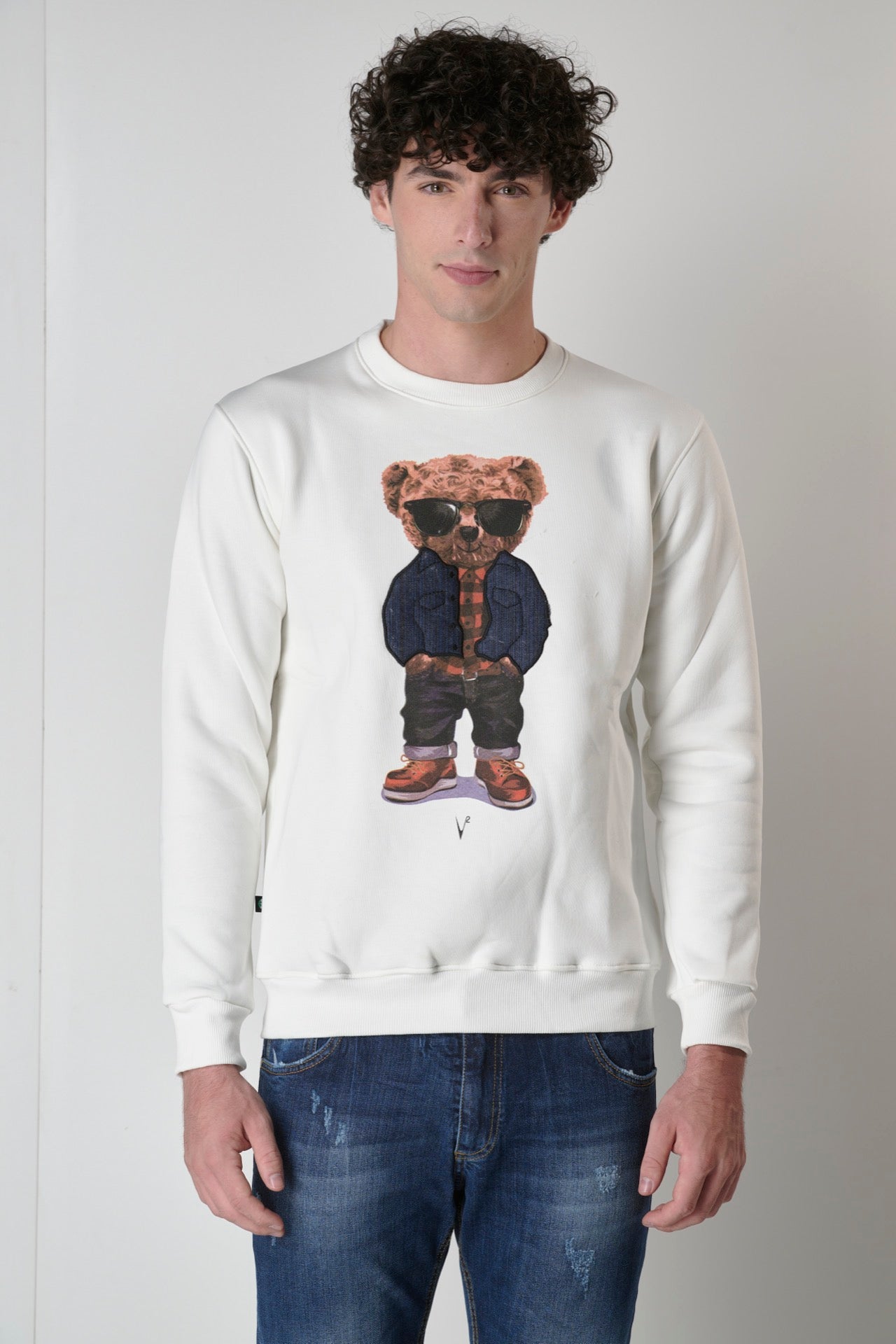 Cream sweatshirt with Teddy print and jeans fabric insert