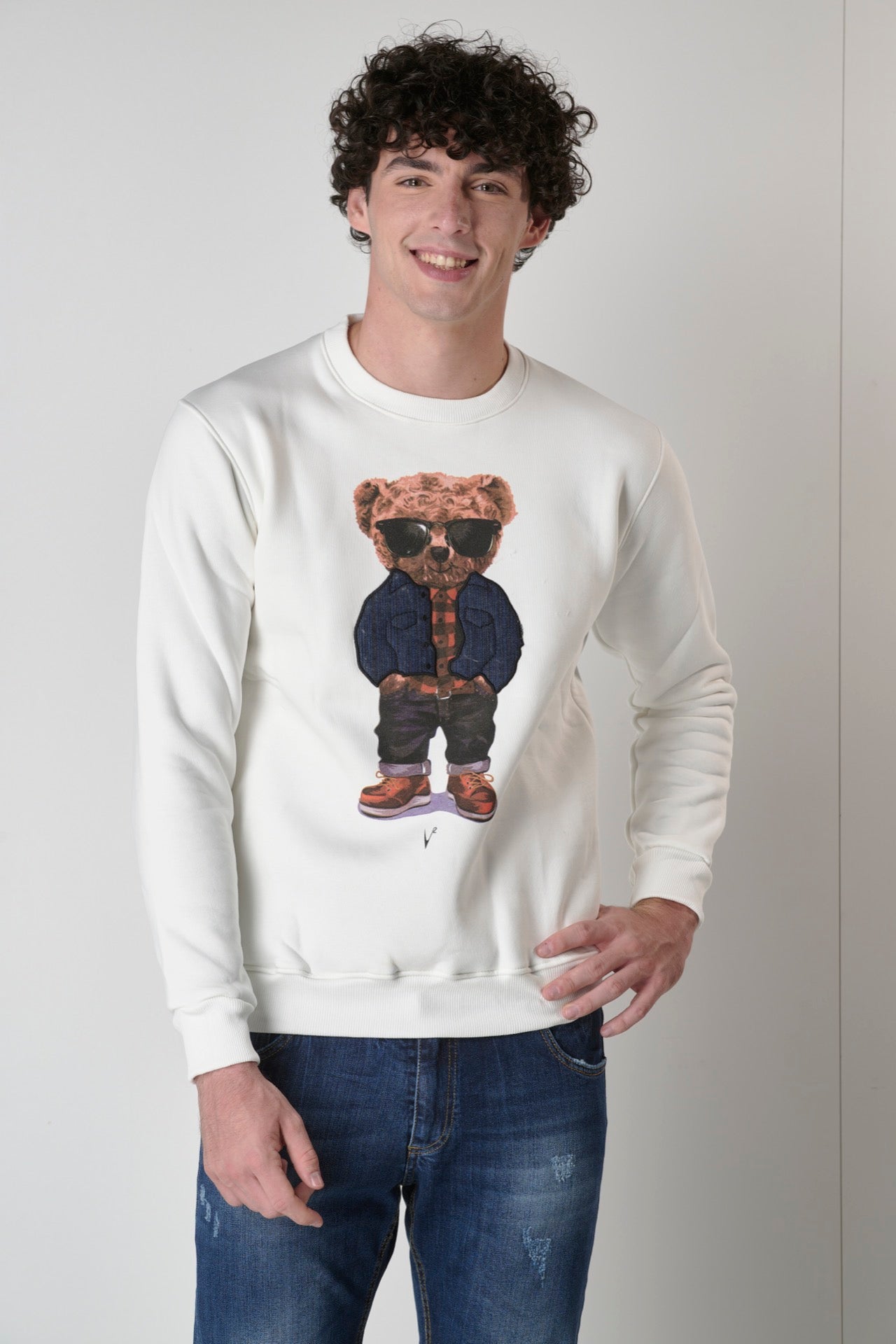 Cream sweatshirt with Teddy print and jeans fabric insert