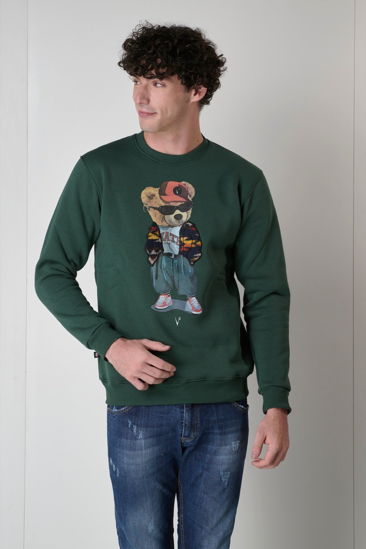 Green sweatshirt with Teddy print and Green Aztec fabric insert