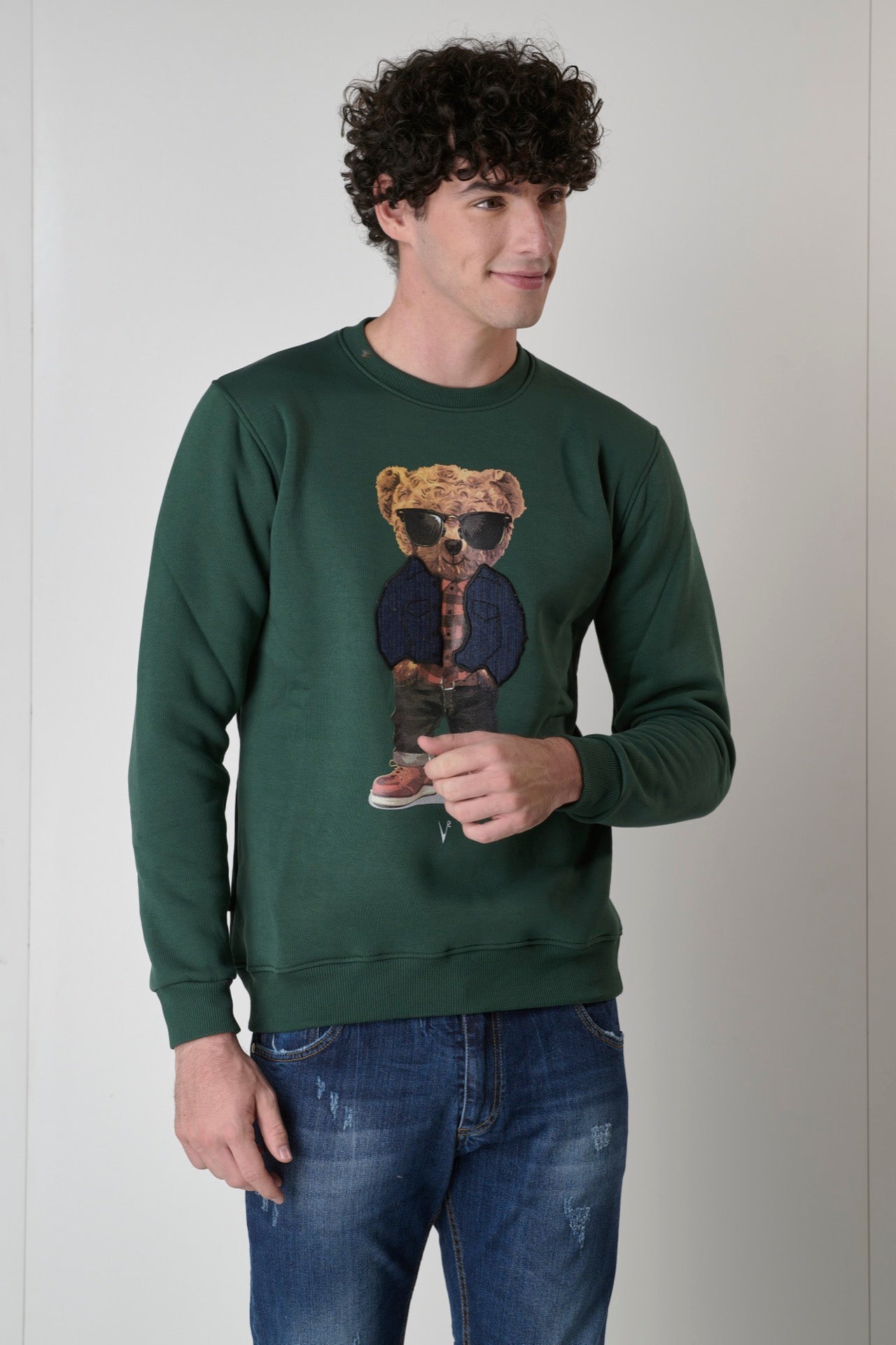 Green sweatshirt with Teddy print and jeans fabric insert
