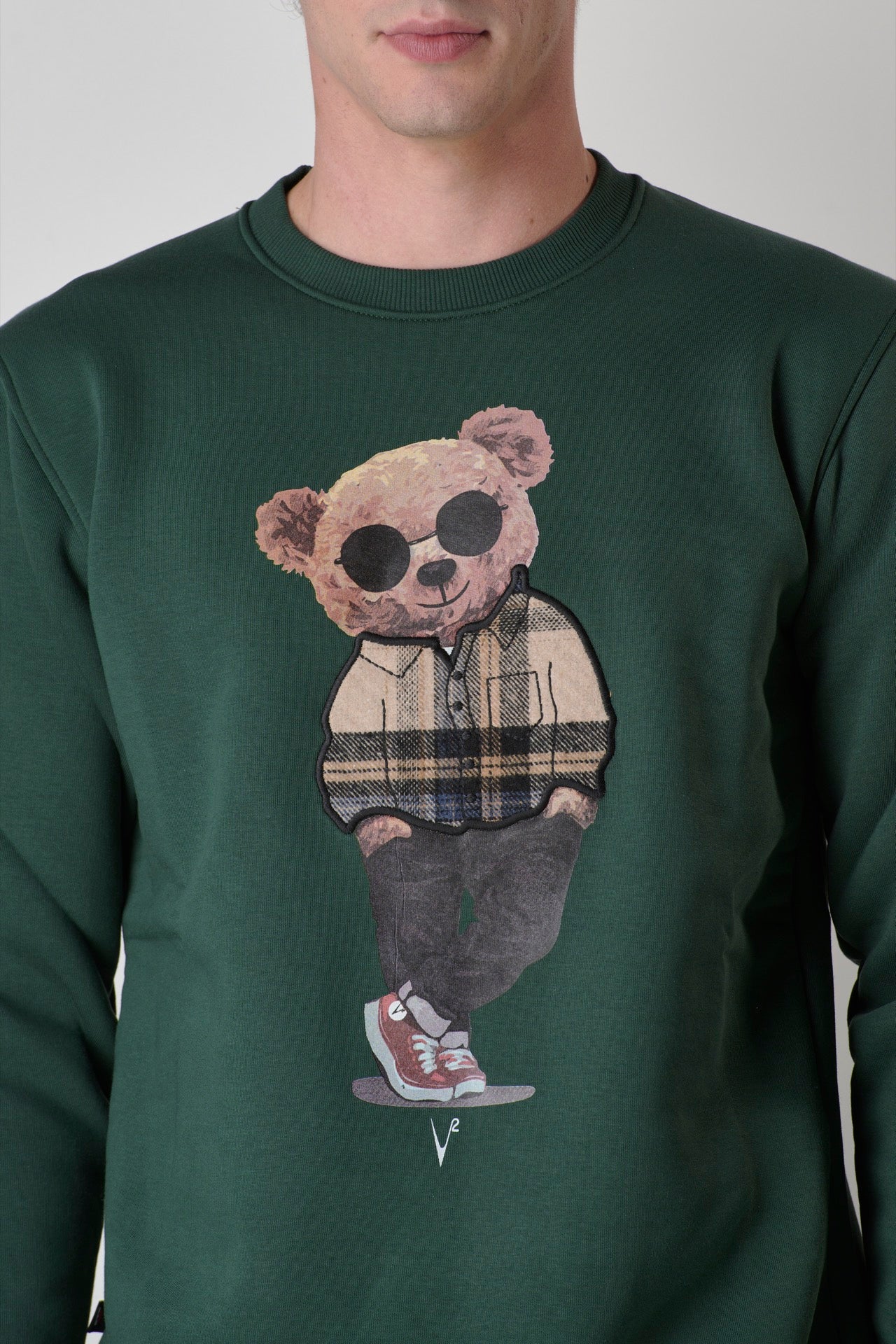 Green sweatshirt with Teddy print and Sand Tartan fabric insert