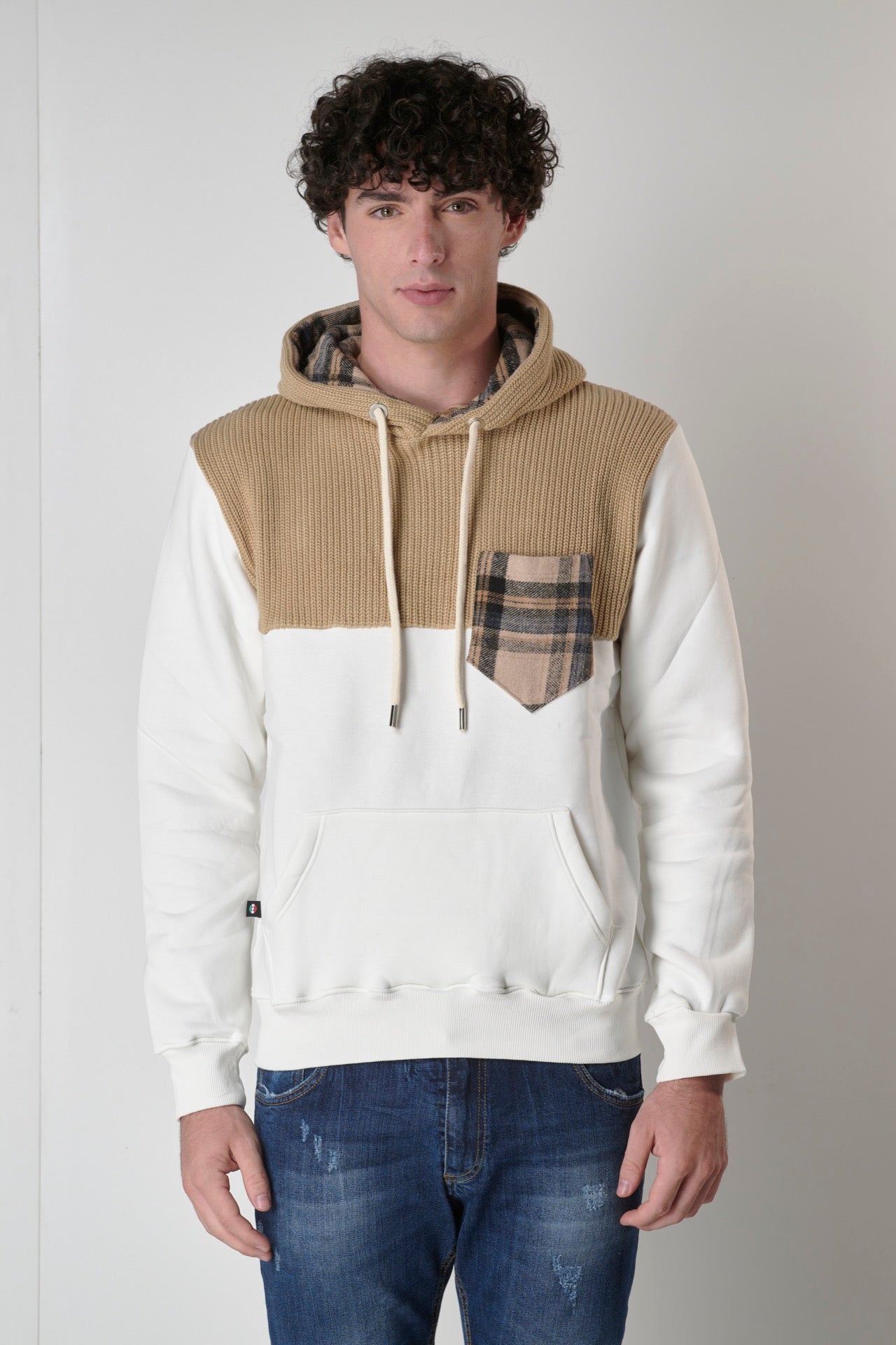 Cream hooded sweatshirt with knitwear inlays and pocket in V2 fabric