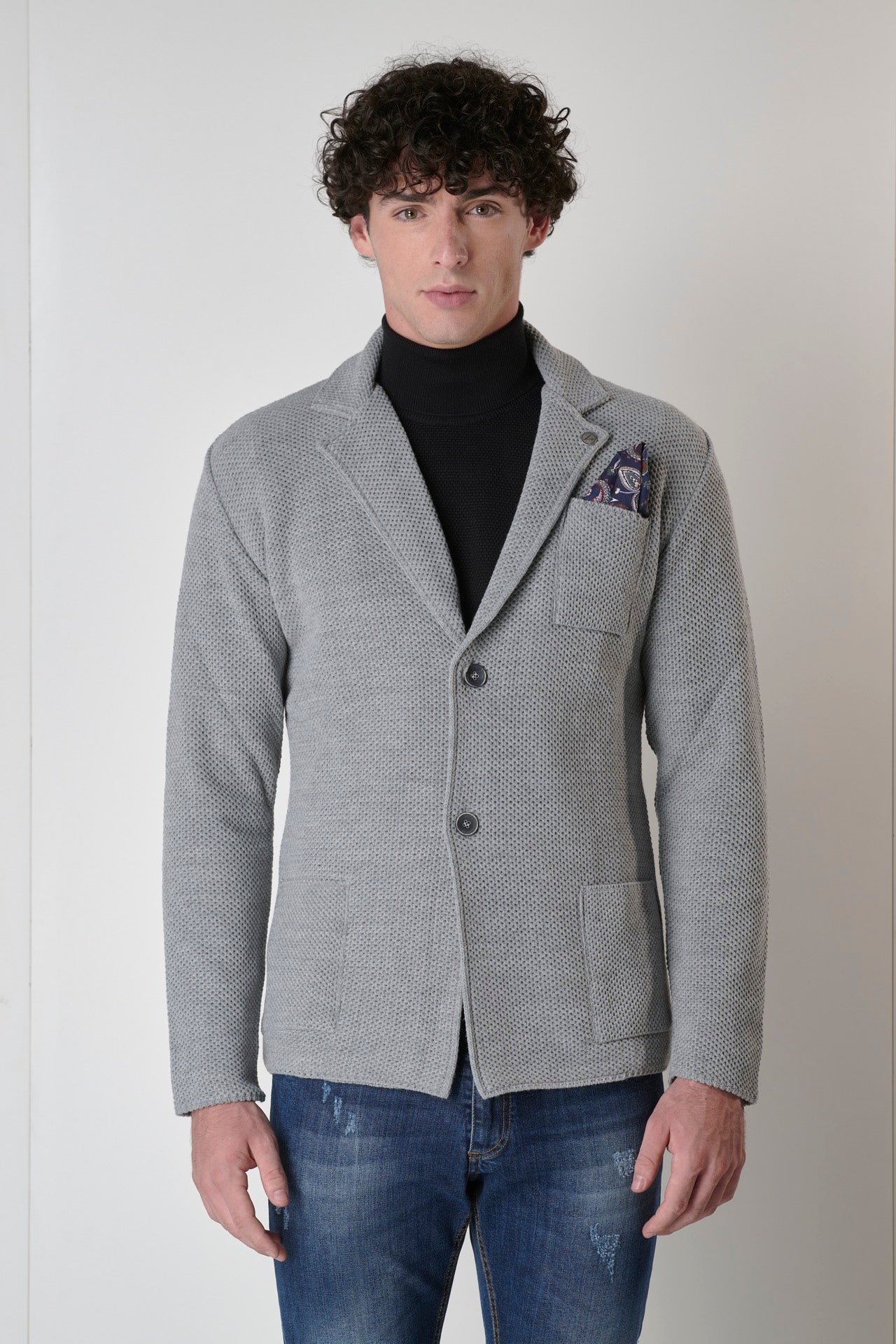 Pearl Gray Bird's Eye Single-breasted Jacket with V2 fabric pocket square