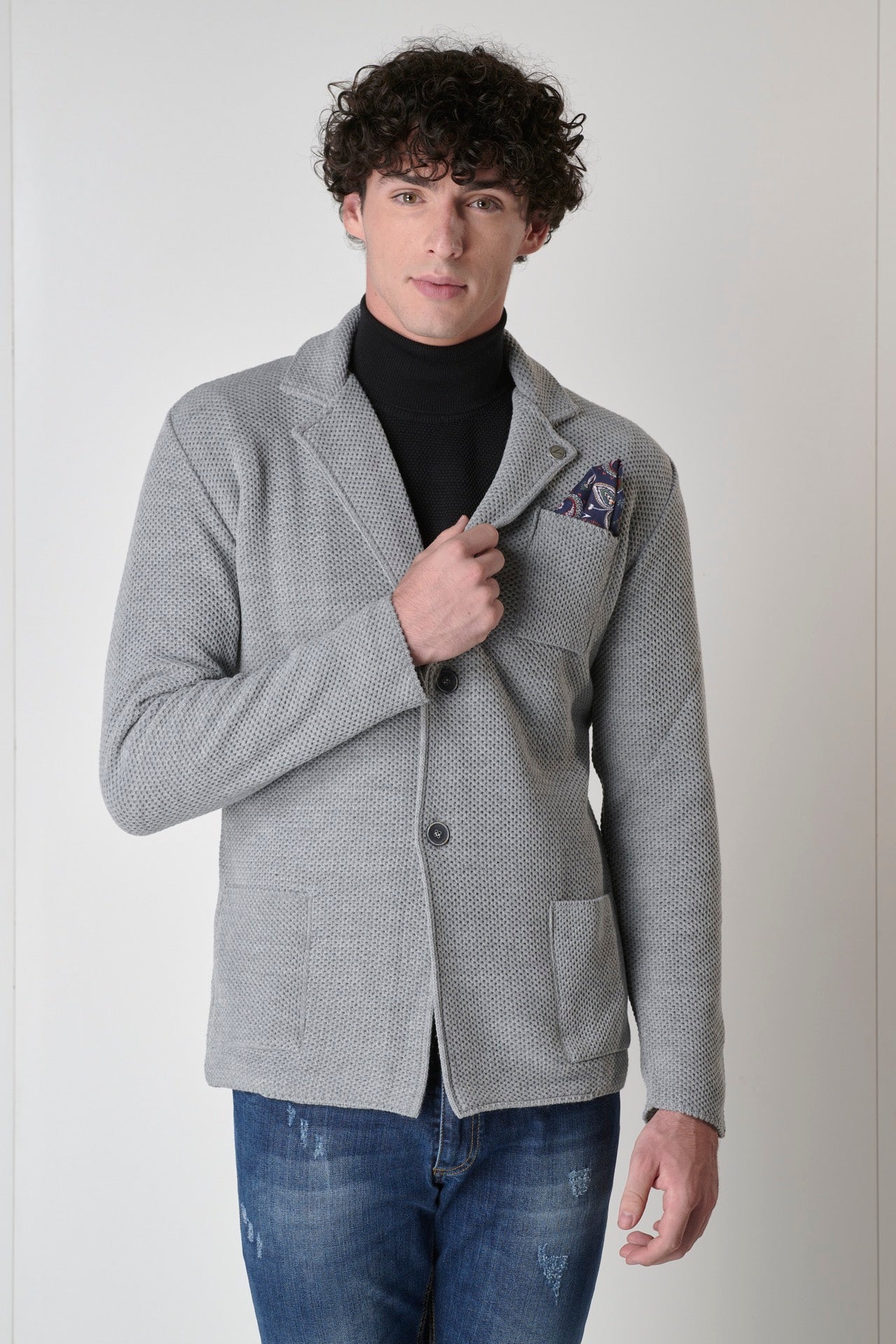 Pearl Gray Bird's Eye Single-breasted Jacket with V2 fabric pocket square