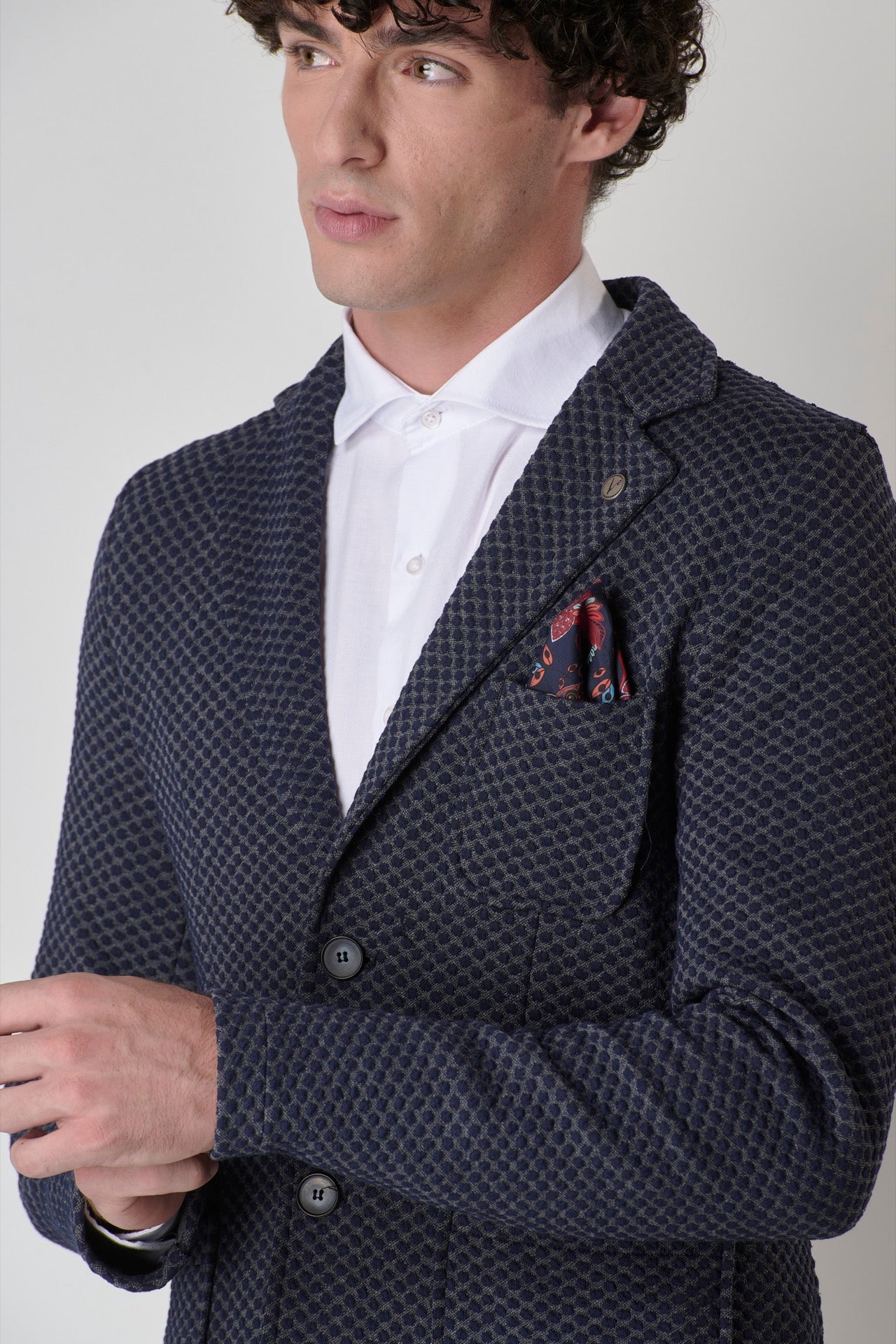 Blue and Gray 3D Polka Dot Tailored Single-breasted Jacket with V2 fabric pocket square