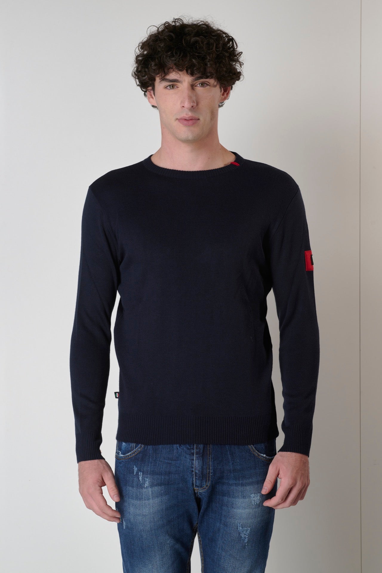 Elvis Blue crew neck sweater with patches and embroidery