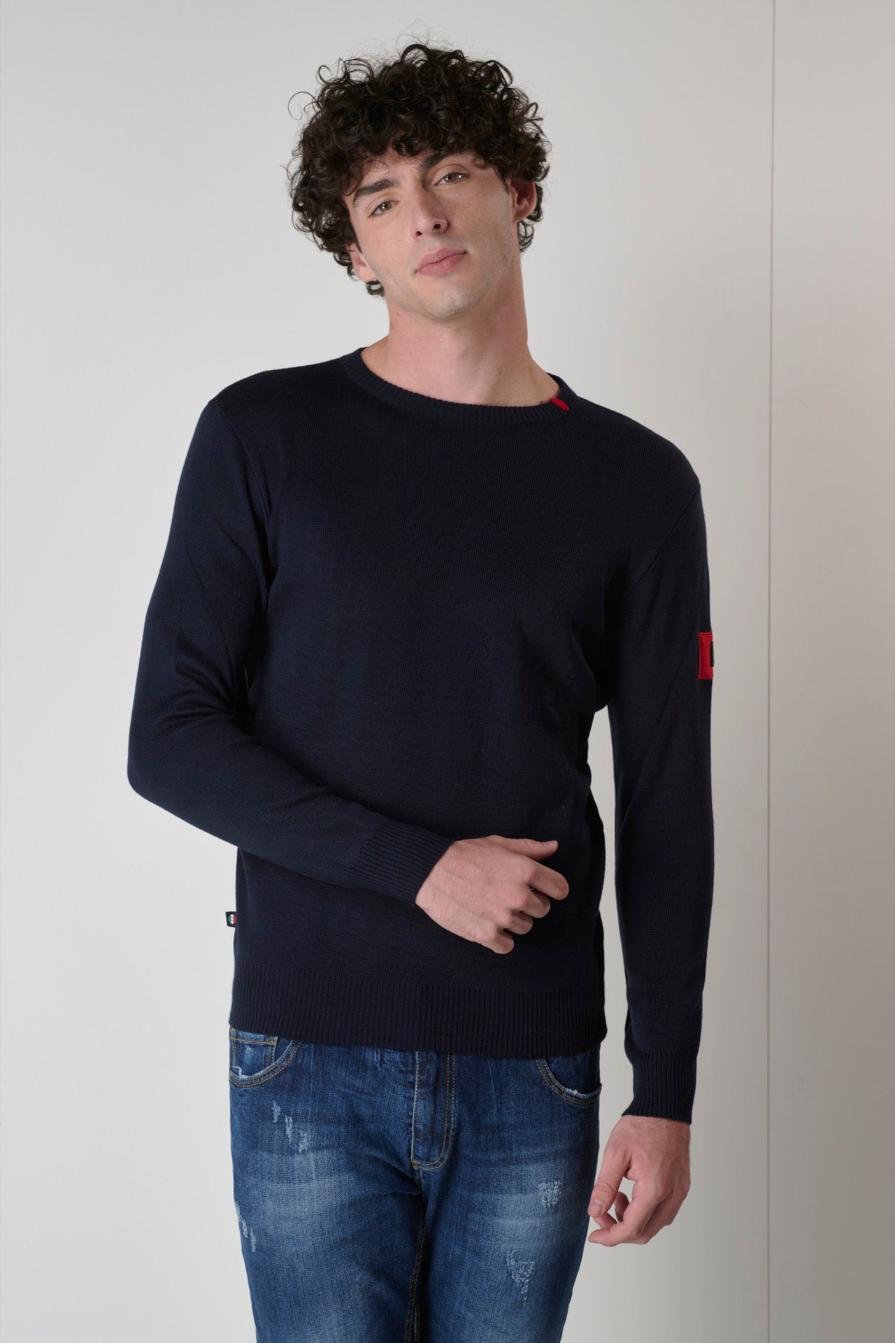 Elvis Blue crew neck sweater with patches and embroidery