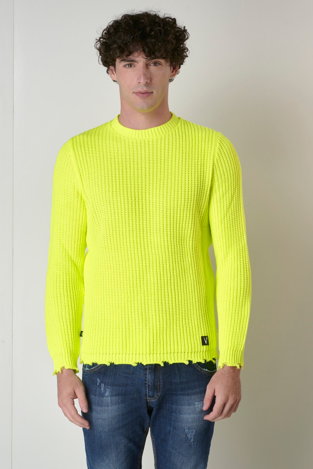 Fluo yellow ripped crew-neck sweater