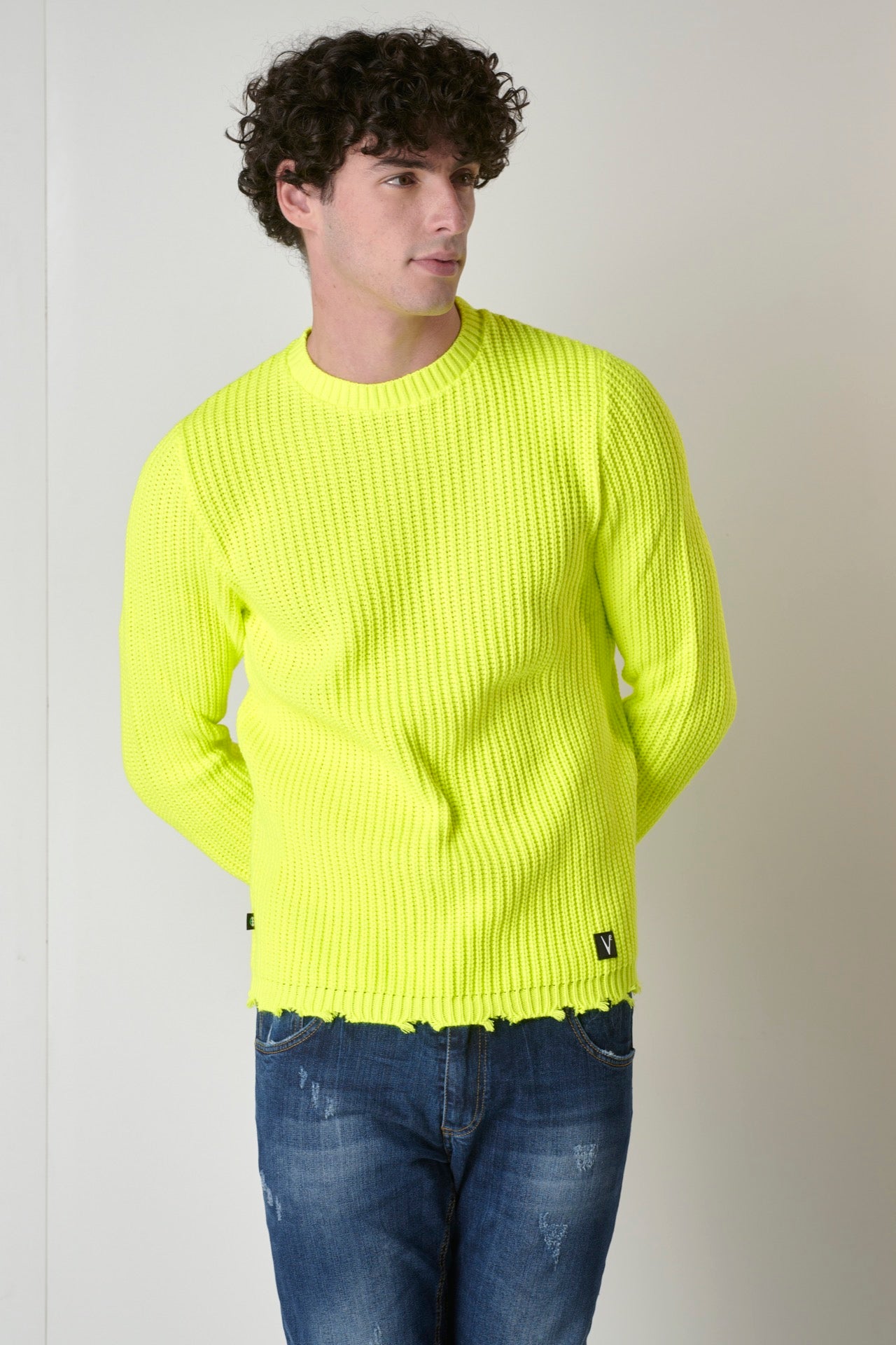 Fluo yellow ripped crew-neck sweater