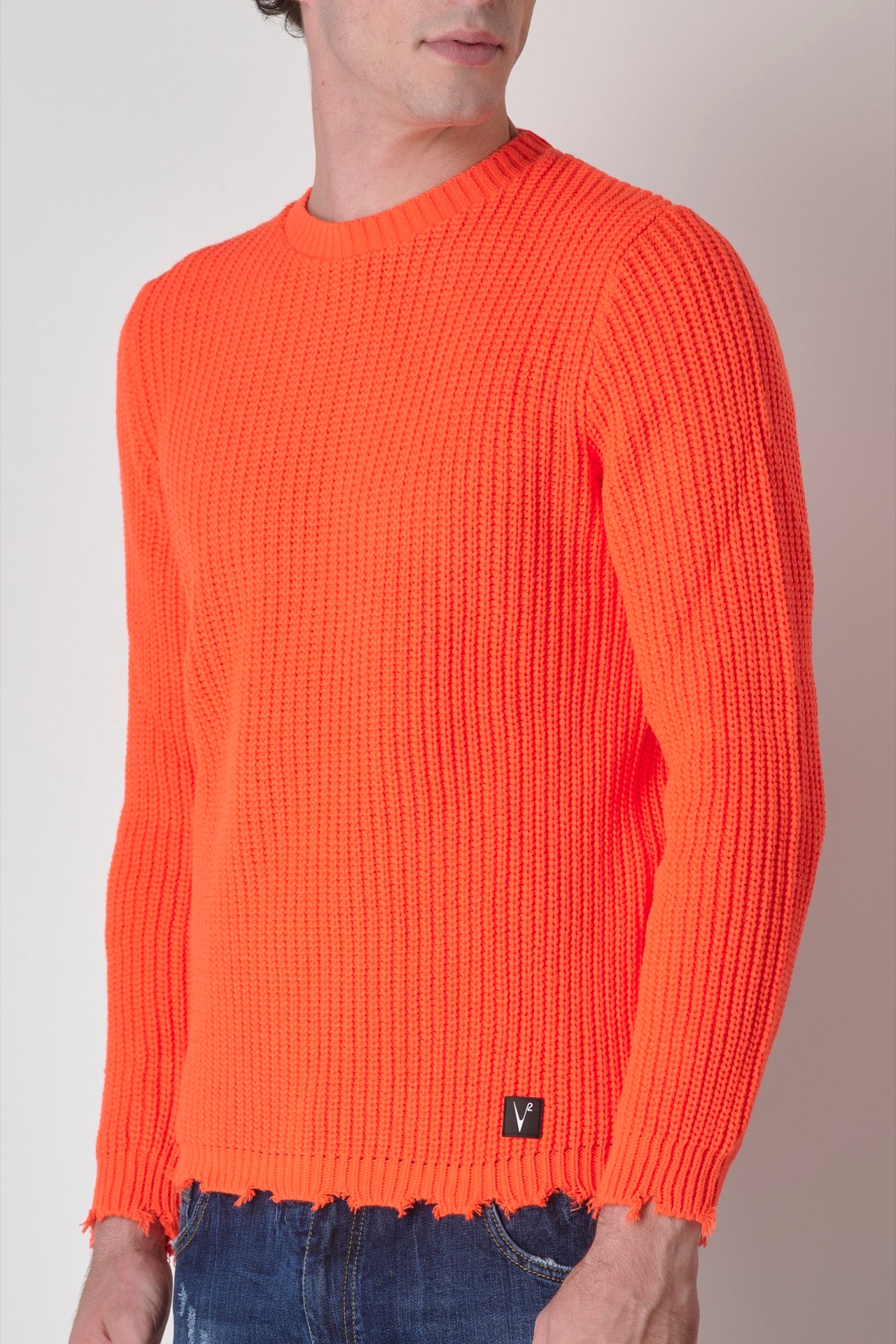 Fluo Orange ripped crew-neck sweater