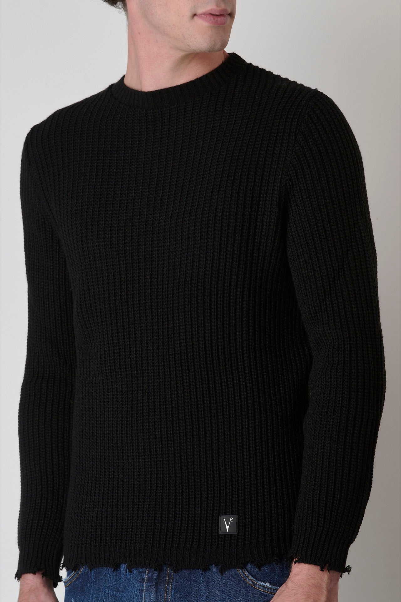 Black ripped crew-neck sweater