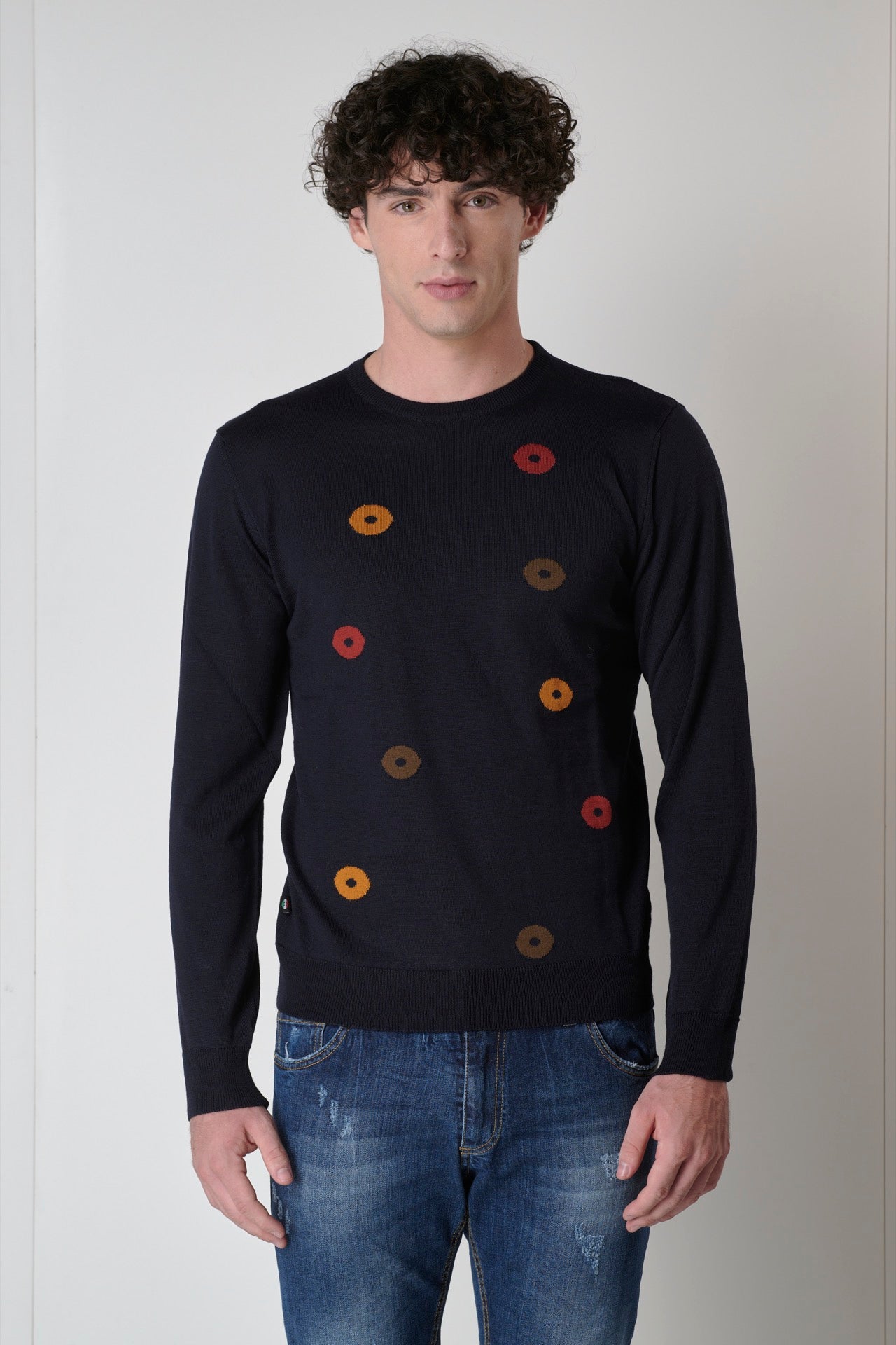 Blue Extrafine Merino crew-neck sweater with polka dot inlay