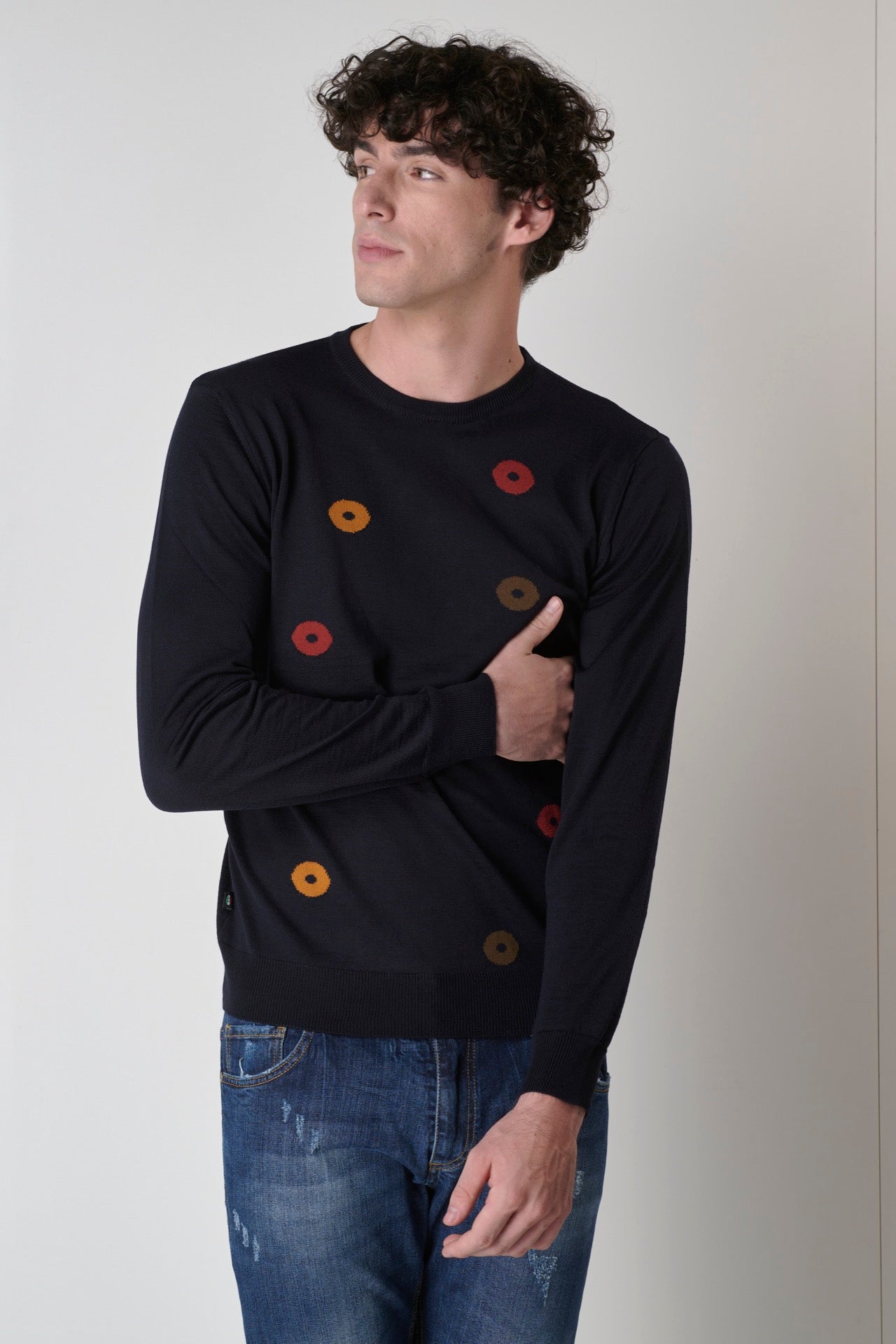 Blue Extrafine Merino crew-neck sweater with polka dot inlay