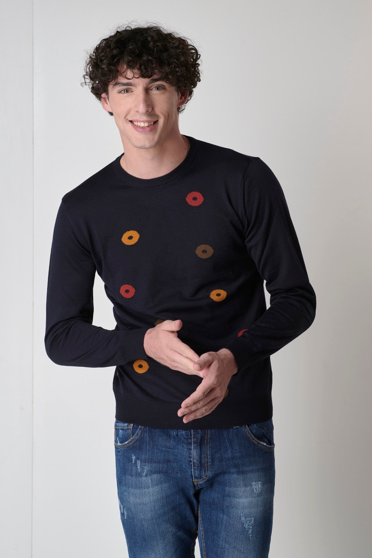 Blue Extrafine Merino crew-neck sweater with polka dot inlay