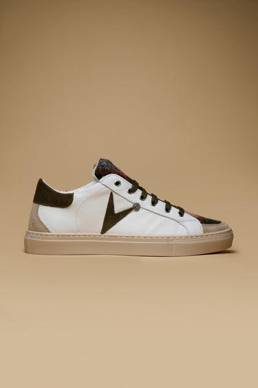 OLYMPIC - Low-top sneakers White retro and Military Green suede insert with fabric tongue