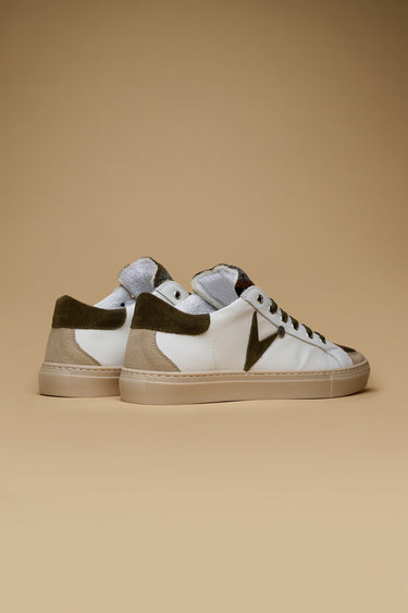 OLYMPIC - Low-top sneakers White retro and Military Green suede insert with fabric tongue