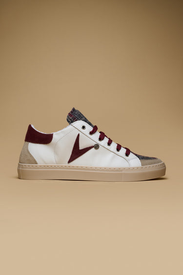 OLYMPIC - Low-top sneakers in retro white with suede burgundy inserts and fabric tongue