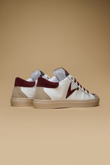 OLYMPIC - Low-top sneakers in retro white with suede burgundy inserts and fabric tongue